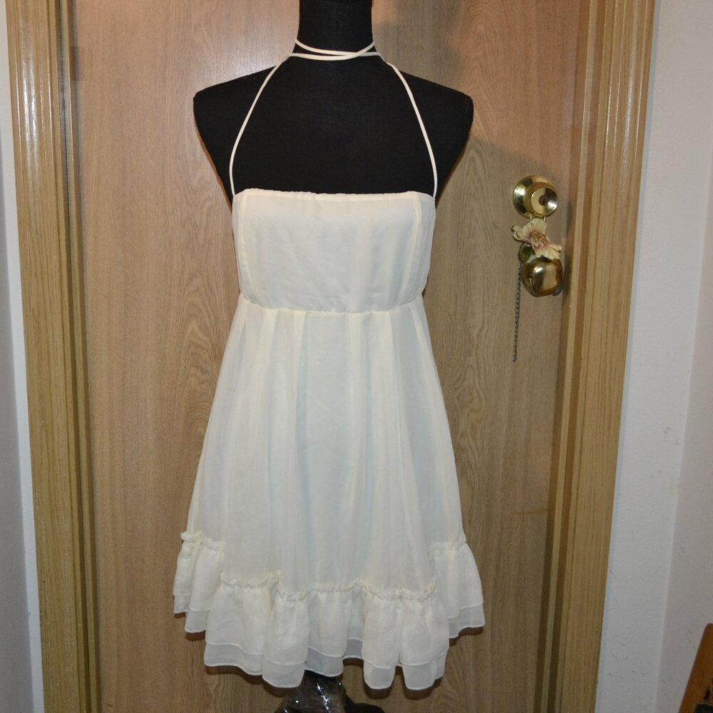 Lucy In the Sky Halter Cream Cocktail Party Soft Girly Event Ruffle Hem Dress